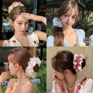 ins博主同款 白色紅邊大腸發圈韓國女頭繩馬尾氣質丸子頭頭飾