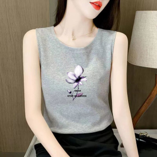 圓領印花100%純棉無袖 清倉撿漏外貿女裝 時尚 新款 體恤背心上衣 夏季