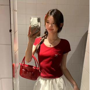 紅色U領蝴蝶結短袖 短款 T恤女裝 設計感修身 甜辣上衣 夏季 咕嚕咕嚕