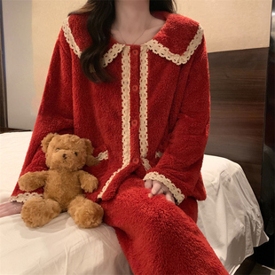 紅色睡衣女士珊瑚絨加厚蕾絲花邊法蘭絨本命年秋冬保暖家居服套裝