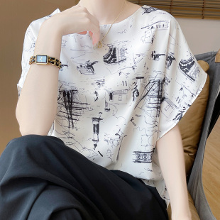 t恤女印花五分袖 2025夏季 中袖 圓領(lǐng)雪紡緞面襯衫 小個(gè)子洋氣上衣 款