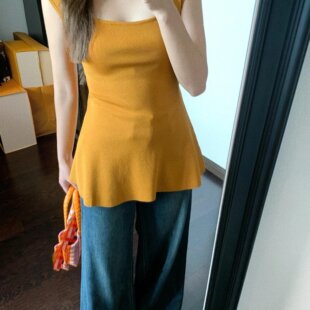 甜辣設計感露腰無袖 顯瘦美式 針織女夏 橘色純欲風氣質修身 現貨