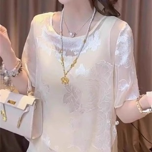 洋氣圓領(lǐng)小衫 T恤女夏季 氣質(zhì)寬松顯瘦百搭上衣 國風(fēng)提花短袖 新中式