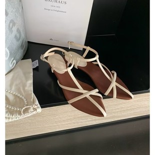 女夏真皮2025新款 交叉細帶優雅尖頭露趾羅馬涼鞋 美晨法式 meichen