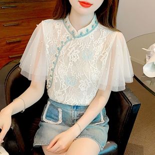 女夏季 雪紡襯衫 新款 蕾絲鉤花旗袍式 時尚 上衣別致漂亮小衫 短袖