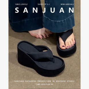 三卷sanjuan方頭露趾夏季 辣妹松糕厚底坡跟夾趾人字拖女涼拖外穿