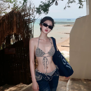 時髦精原始感千鳥格比基尼辣妹性感分體綁帶三點式 海邊度假泳衣女