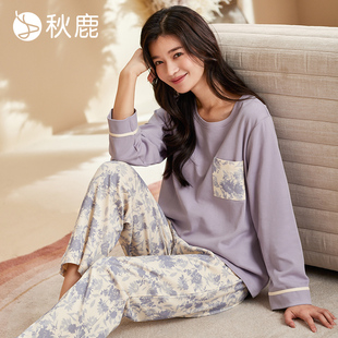可外穿 印花寬松家居服套裝 秋鹿純棉帶胸墊睡衣女春秋圓領長袖 長褲