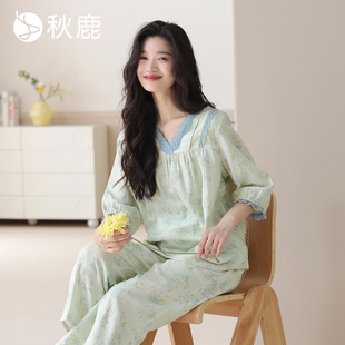 秋鹿雙層紗布梭織純棉抑菌睡衣女士春夏蕾絲花邊碎花七分袖 家居服
