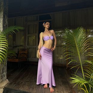 歐美風性感抹胸碎花比基尼分體長裙沙灘度假緞面垂感溫柔純欲泳衣