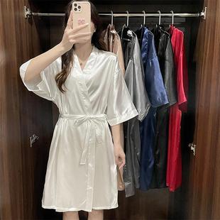 睡袍女夏天短袖 胖mm200斤 冰絲綢性感睡衣系帶和服寬松浴袍白大碼