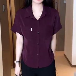 新款 小衫 高級感休閑穿搭襯衫 氣質減齡寬松顯瘦短袖 上衣 女時尚 夏季