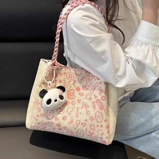 2025新款 百搭休閑單肩包女大容量編織通勤托特包高級感手提包 時尚