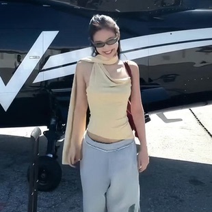DARLINGAGA甜辣jennie風黃色蕩領脖帶背心女露肩性感修身 褶皺吊帶