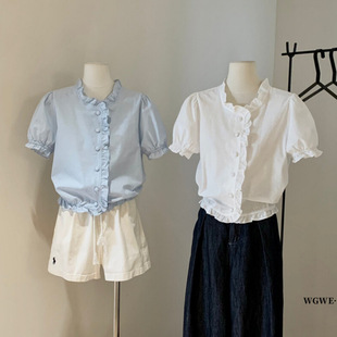 襯衫 短袖 W6253 女韓系甜美小眾設計感木耳花邊寬松泡泡袖 WGWE夏季