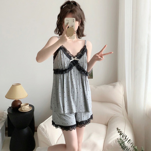 莫代爾點點睡衣家居服套裝 蕾絲花邊吊帶短褲 女夏天 可拆卸胸墊