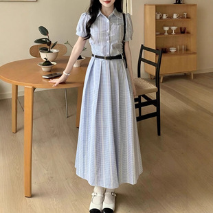 時尚 高品質茶歇法式 新款 長裙女2025夏季 今年流行格子 氣質襯衫