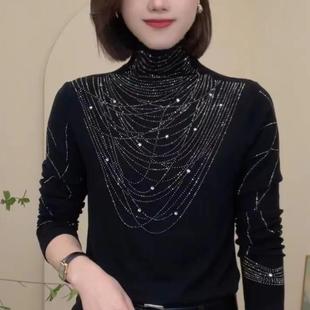 新款 顯瘦百搭氣質女小衫 半高領燙鉆長袖 修身 雙面絨保暖打底衫 冬季