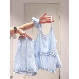 家居服套裝 吊帶短褲 可外穿 新款 韓系甜美性感波點蕾絲邊睡衣女夏季