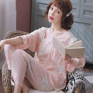 春秋季 家居O服大碼 夏款 長袖 2024年新 綿綢睡衣女棉綢套裝 夏天薄款