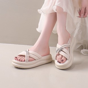 女外穿夏季 34黑色涼鞋 2024新款 百搭小碼 孕婦一字拖 時尚 厚底涼拖鞋