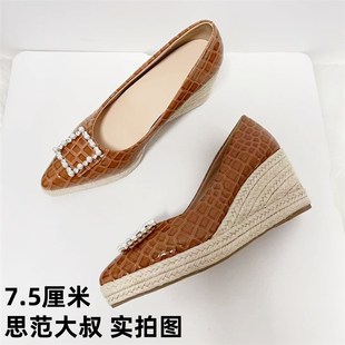 尖C頭淺口女士防水臺高跟草編麻繩 時尚 坡跟厚底單鞋 2025春秋新款