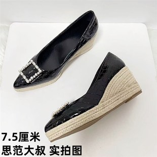 尖頭淺口女士防水臺高跟Y草編麻繩 時尚 坡跟厚底單鞋 2025春秋新款