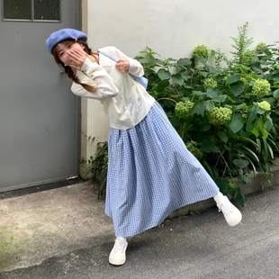 奶藍色格子半身裙日系文藝小清新中長款 傘裙大擺小格紋遮肉a字裙