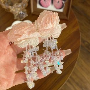 粉色甜美布藝玫瑰花亮片流蘇耳環(huán)夏日夸張氣質(zhì)海邊度假風長款 耳墜