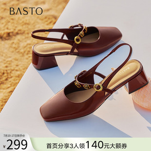F2162BH5 粗跟包頭后空女紅玫瑰瑪麗珍涼鞋 百思圖25夏新款 氣質法式