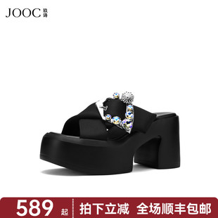 2025夏季 女鞋 新款 時尚 水鉆外穿百搭高跟鞋 JOOC玖詩黑色粗跟涼拖鞋