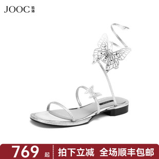女2025夏新款 JOOC玖詩平底涼鞋 仙女風水鉆蝴蝶結涼鞋 高嶺之花