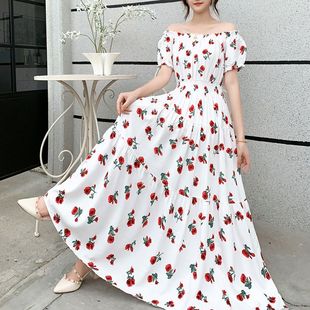 大擺棉綢連衣裙女高腰印花裙子夏季 人造棉長裙波西米亞碎花裙 新款