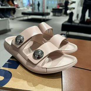 外穿真皮沙灘鞋 ECCO愛步女鞋 厚底涼拖鞋 新款 一字拖科摩206883 夏季