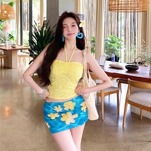 海島度假風(fēng)顯白純欲少女分體比基尼性感辣妹小胸顯瘦裙式 泳衣保守