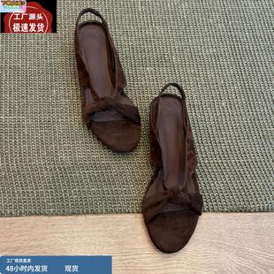 百搭簡約氣質一字帶涼鞋 羊皮版 復古圓頭露趾交叉帶坡跟羅馬涼鞋