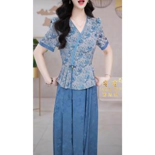 新款 裙女士夏季 媽媽 盤扣顯瘦上衣半身裙兩件套套裝 夢晚藍色新中式
