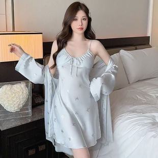 2025新款 吊帶冰絲綢睡衣ins印花純欲睡衣帶胸墊 性感睡裙女士夏季