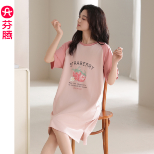 連衣裙寬松大碼 薄款 孕婦睡衣女夏天家居服 純棉短袖 芬騰睡裙女夏季