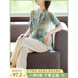 中老年人女裝 夏季 短袖 媽媽夏裝 套裝 洋氣雪紡小衫 寬松襯衫 2024新款