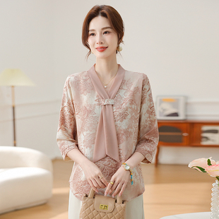 國風襯衫 媽媽夏裝 中老年女新中式 洋氣高貴上衣服2025新款 雪紡小衫