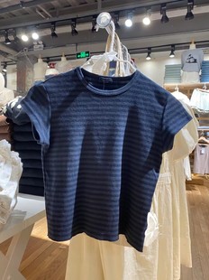 顯瘦百搭短袖 修身 甜辣女士上衣 新款 BM深藍(lán)色條紋圓領(lǐng)T恤官網(wǎng)夏季