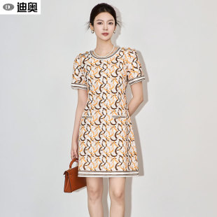 高級感顯瘦超好看中長款 新款 A字裙 印花連衣裙女2025夏季 迪奧短袖