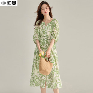 迪奧印花連衣裙女夏25新款 V領(lǐng)清新度假風(fēng)中長裙氛圍感A字裙子 法式