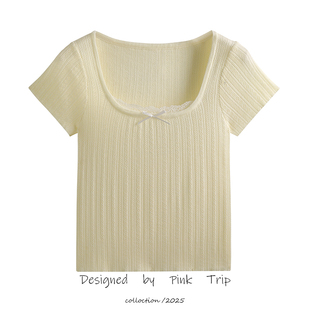 Trip蕾絲拼接鏤空方領短袖 短款 針織衫 甜辣修身 t恤上衣 女夏季 Pink