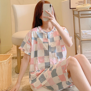 大碼 純棉媽媽睡衣女夏短袖 薄款 棉布家居服全棉中老年套裝 外穿 短褲