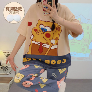 可外穿家居服套裝 睡衣女夏天帶胸墊純棉卡通海綿寶寶套頭短袖 長褲
