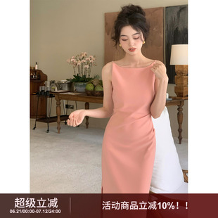 一字領收腰開衩連衣裙女高級感氣質顯瘦吊帶裙子 法式 SYT經(jīng)典 肯豆