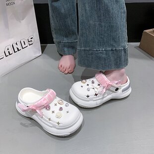 個性 爆閃水鉆涼鞋 兩穿松 女夏季 品牌清倉夢幻絲帶蝴蝶結(jié)厚底洞洞鞋