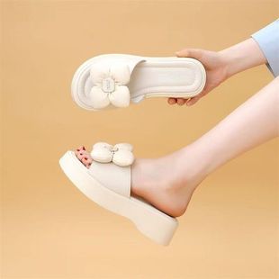 花朵厚底一字拖小個子防滑仙女風拖鞋 海邊沙灘涼拖休閑配裙涼鞋
